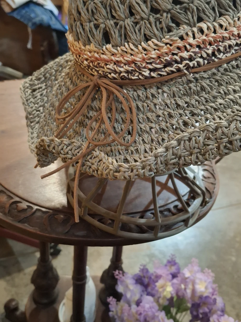 Women’s Crochet Sun Hats with Decorative Band - Beige & Gray - Picture 5 of 5